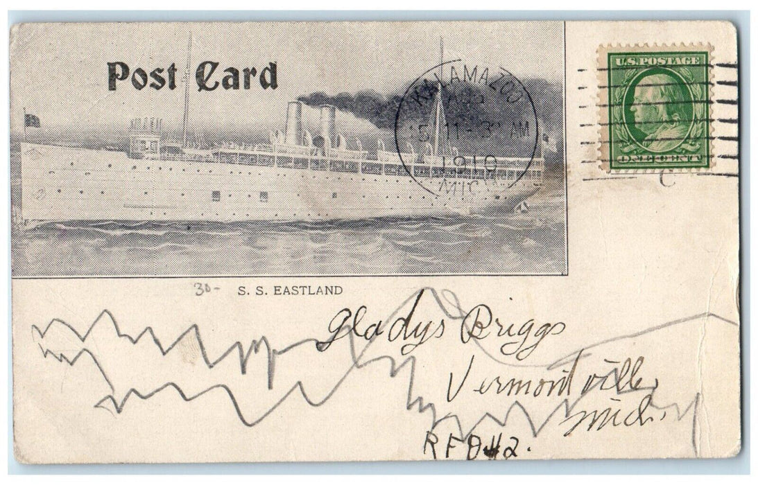 1910 SS Eastland Steamer Ship Kalamazoo Michigan MI Posted Boat Postcard