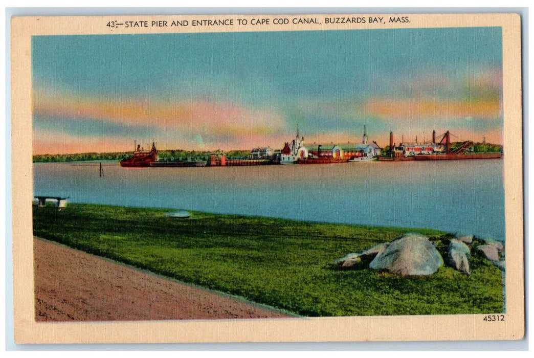 c1940s State Pier and Entrance to Cape Cod Canal Buzzards Bay MA Postcard