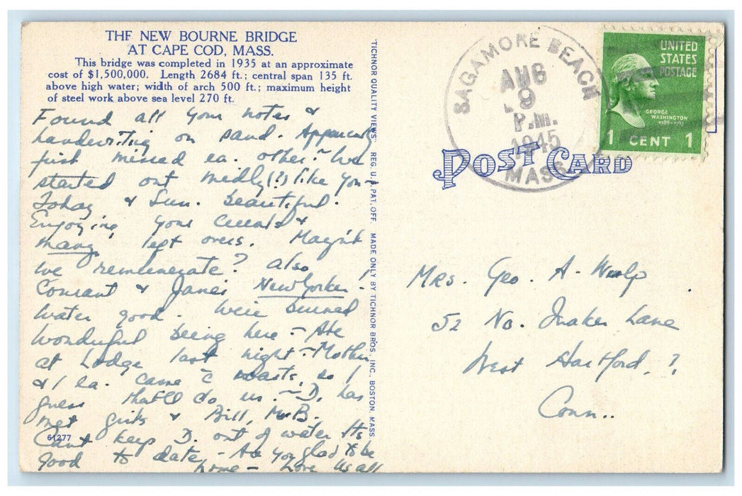 1945 The New Bourne Bridge at Cape Cod Massachusetts MA Vintage Postcard