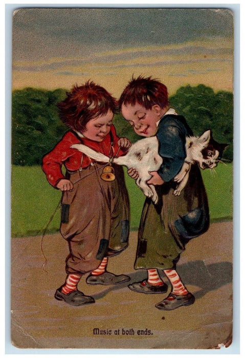 c1910's Kids Torturing Cat Tie Bell Embossed Unposted Antique Postcard