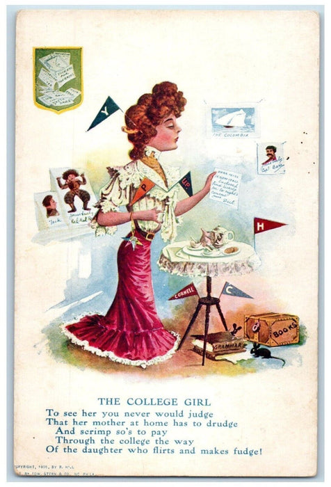 c1905 College Girl Columbia Cornell Mouse Books Unposted Antique Postcard