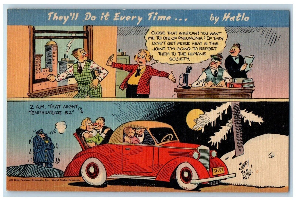 c1930's Office Car Sweet Couple Romance Humor Comic Unposted Vintage Postcard