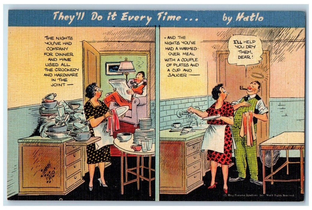 c1930's Woman Cleaning Dishes Man Pipe They'll Do It Every Time Hatlo Postcard