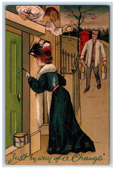 c1910's Woman Opening Door Clock Just By Way Of A Change Milk Man Postcard