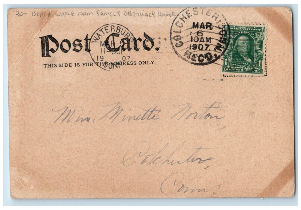1907 Death Whole Dam Family Obituary Humor Waterbury Connecticut CT Postcard