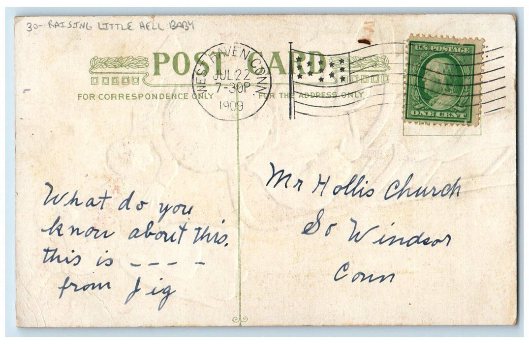 1909 Raising Little Hell Baby Winsch Back West Haven Connecticut CT Postcard