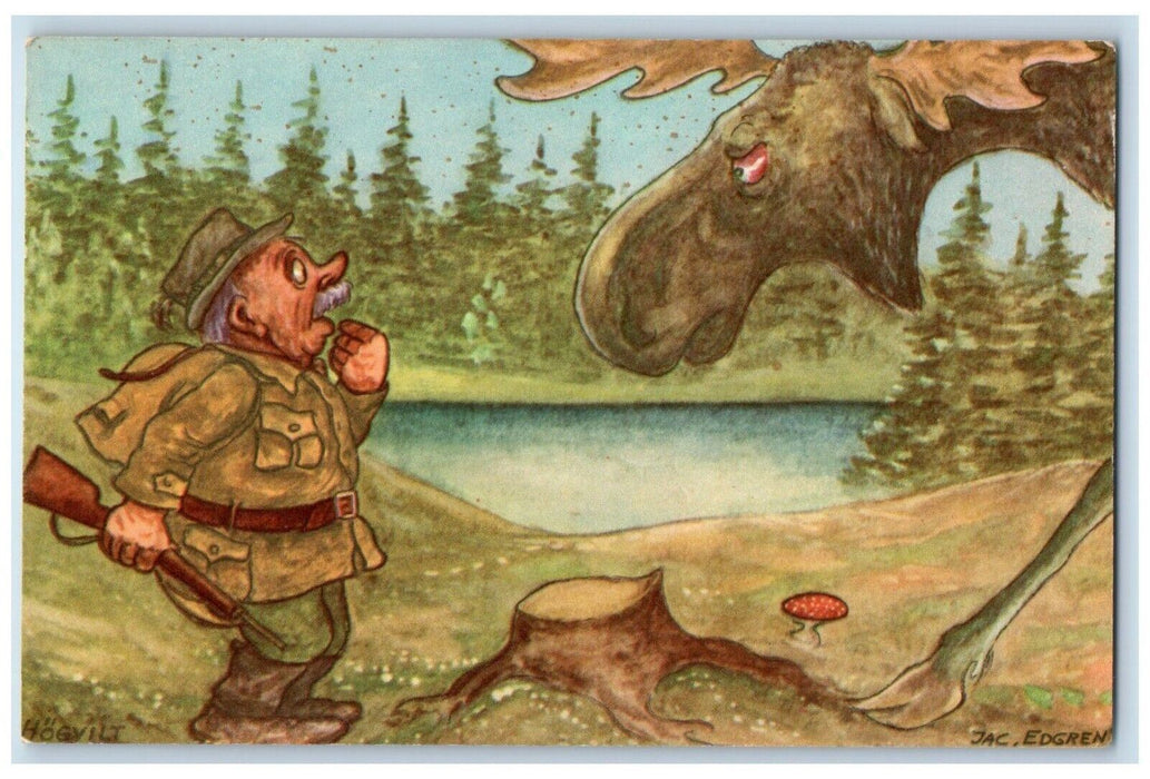 Old Man Rifle Gun Mushroom Hunting Moose Sweden Unposted Vintage Postcard
