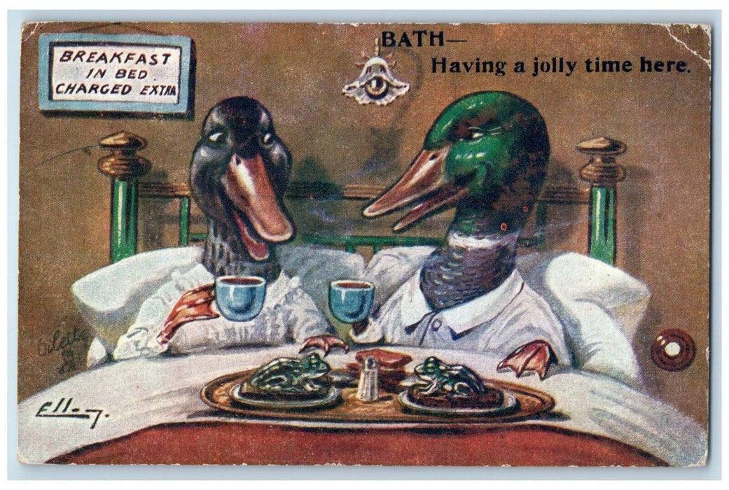 1925 Anthropomorphic Duck Breakfast In Bed Coffee Tuck's Posted Vintage Postcard