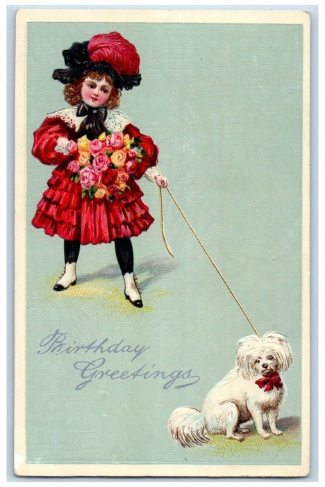c1910's Birthday Greetings Girl With Flowers Pomeranian Dog Embossed Postcard