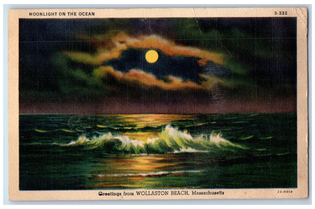 1942 Moonlight on the Ocean Greetings from Wollaston Beach MA Postcard