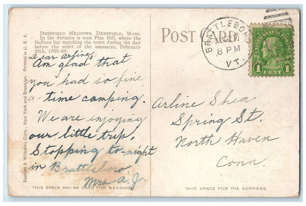 1929 Deerfield Meadows Deerfield Massachusetts MA Brattleboro VT Postcard