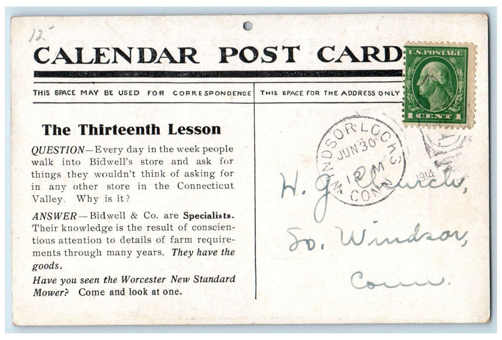 1914 FS Bidwell & Co Farm Supply House Windsor Locks CT Antique Postcard