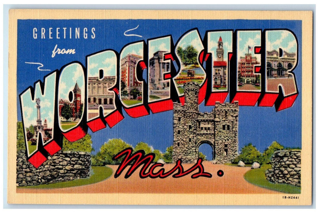 c1950's Greetings from  Worcester Massachusetts MA Large Letter Vintage Postcard