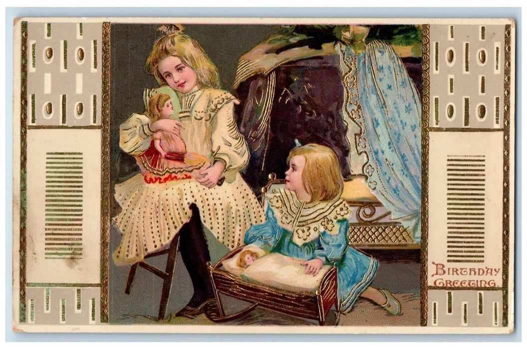 c1910's Birthday Greetings Children Playing Doll Gel Gold Gilt Embossed Postcard