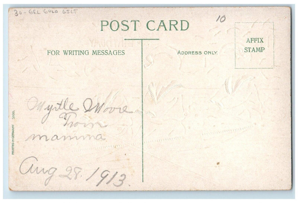 c1910's Birthday Girls Boating Pansies Flowers Gel Gold Gilt Embossed Postcard