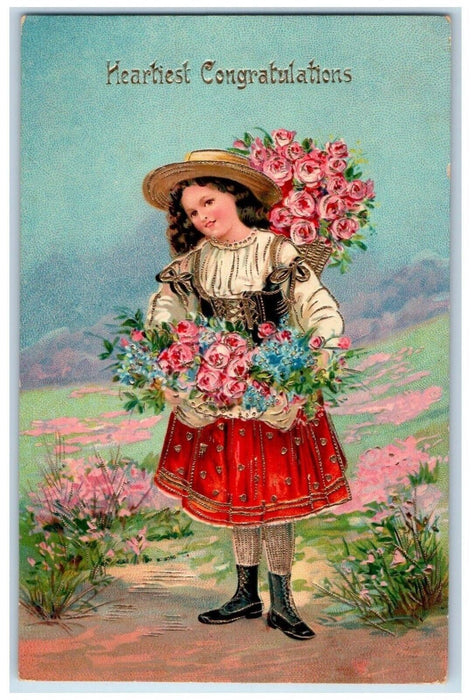 c1910's Heartiest Congratulations Girl Flowers In Basket Embossed Gel Postcard