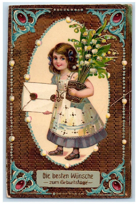 c1910's Birthday Little Girl Flowers Pot Letter Gel Gold Gilt Embossed Postcard
