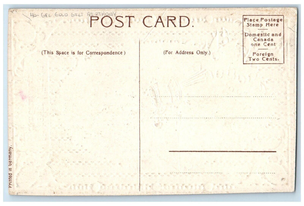 c1910's Birthday Little Girl Flowers Pot Letter Gel Gold Gilt Embossed Postcard