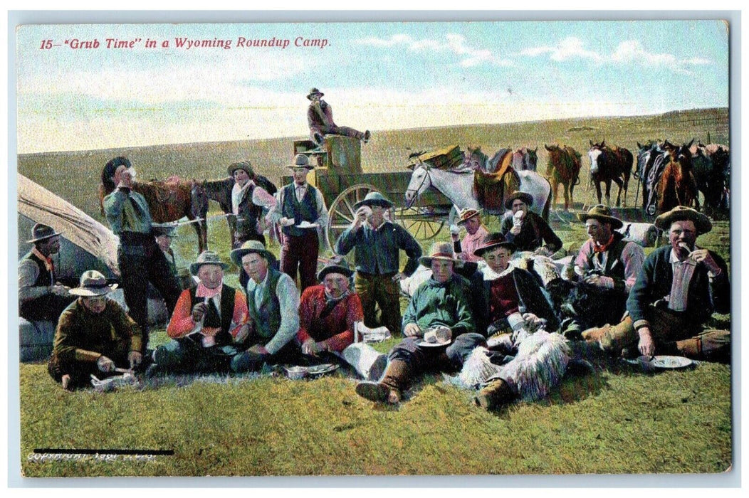 c1910's Cowboys Grub Time Wyoming Roundup Camp Horse Wagon Antique Postcard