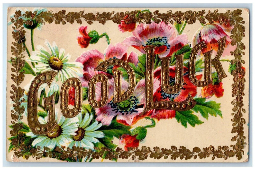 c1910's Good Luck Flowers Gel Gold Gilt Embossed Posted Antique Postcard