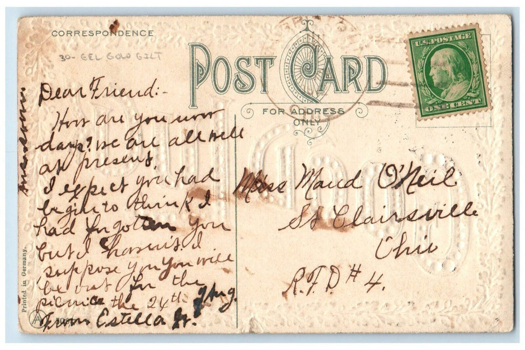 c1910's Good Luck Flowers Gel Gold Gilt Embossed Posted Antique Postcard
