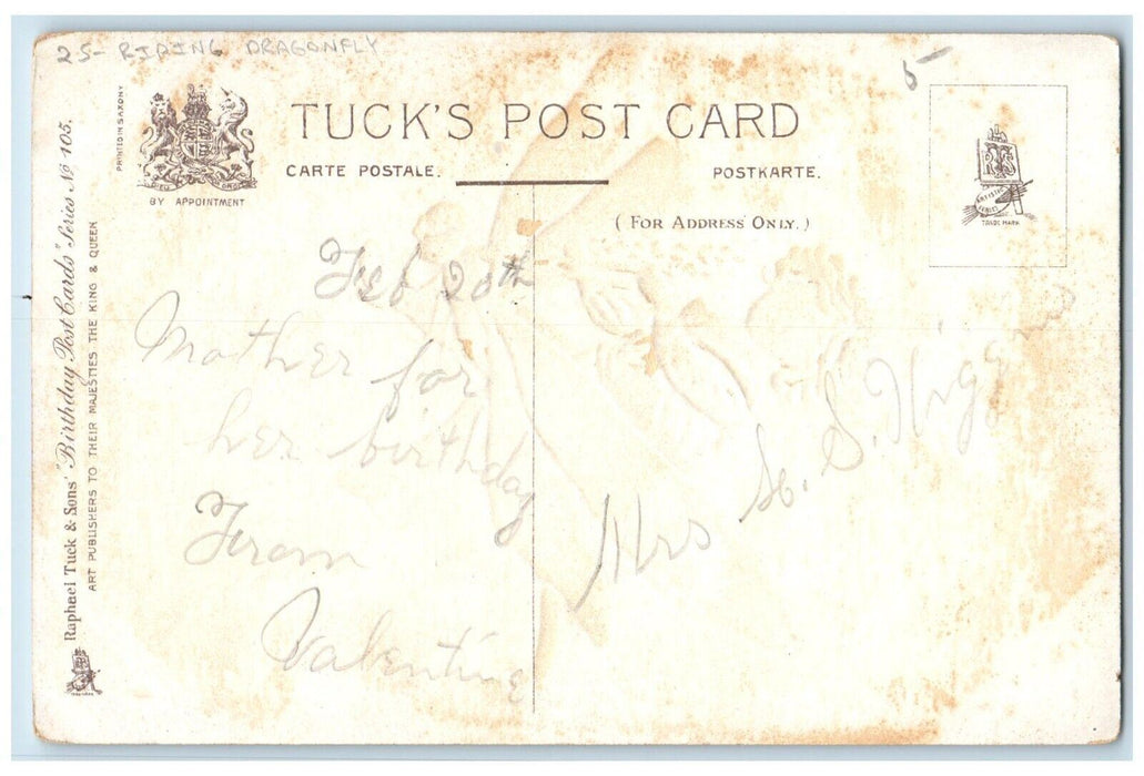 c1910's Birthday Boy Riding Dragonfly Tuck's Embossed Posted Antique Postcard