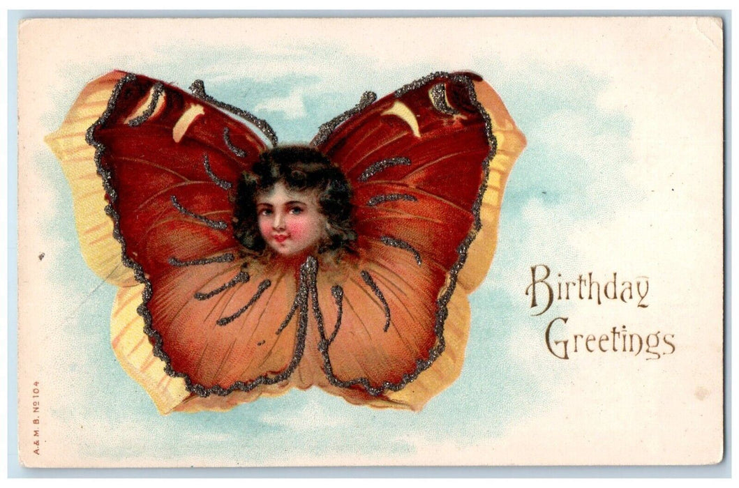 c1905 Birthday Greetings Giant Butterfly Girl Head Glitter Antique Postcard