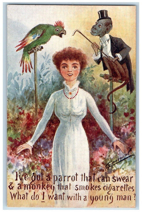 c1910's Girl Parrot Anthropomorphic Monkey Cigarette Smokes Antique Postcard