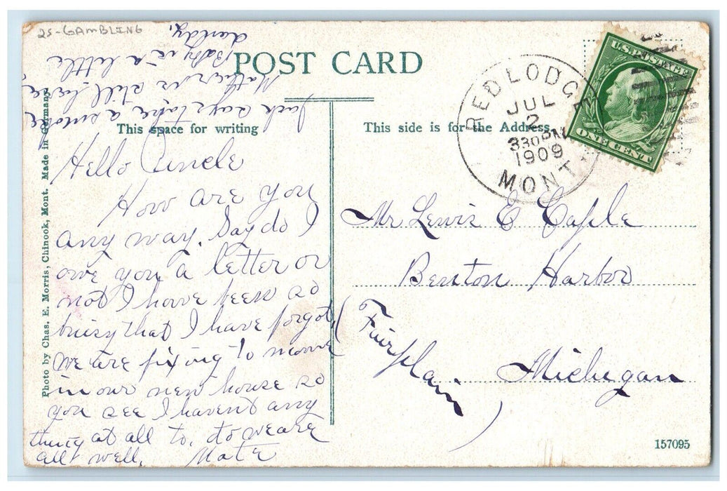 1909 The Cowboys Cali Gambling Gun Red Lodge Montana MT Posted Antique Postcard
