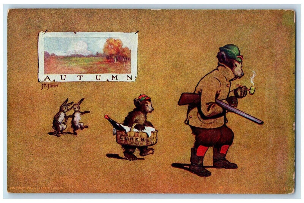 c1905 Anthropomorphic Bears Pipe Cigar Hunting Rabbit Autumn Antique Postcard