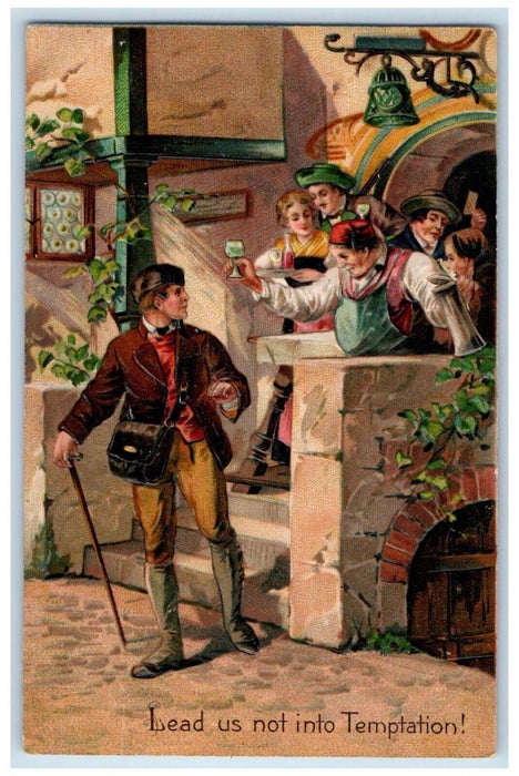 1908 Drinking Temptation Bell Embossed Germany Posted Antique Postcard