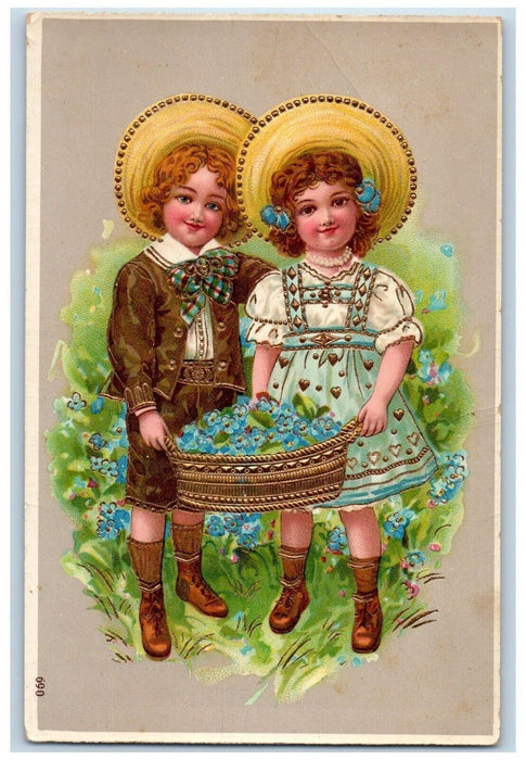1910 Children Pansies Flowers In Basket Embossed Gel Gold Gilt Antique Postcard