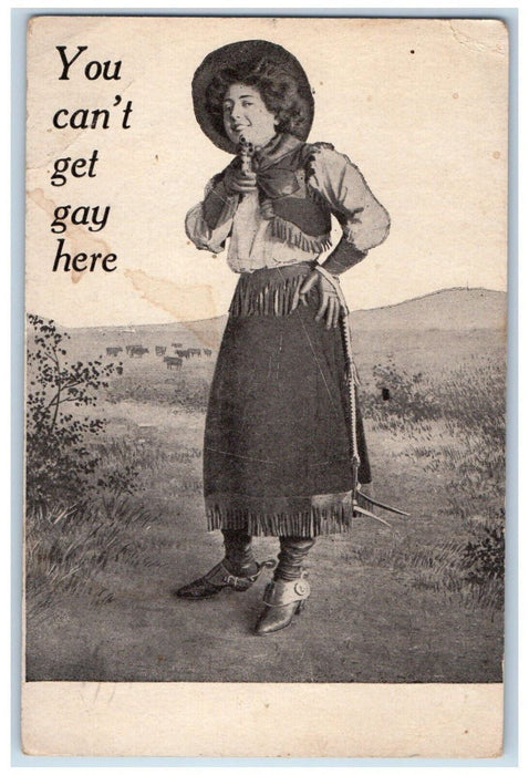 1916 Cowgirl Holding Gun You Can't Get Gay Here Posted Antique Postcard