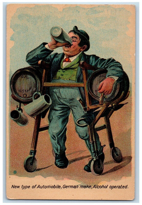 1909 Man Drunk Drinking New Automobile Huntington Indiana IN Antique Postcard