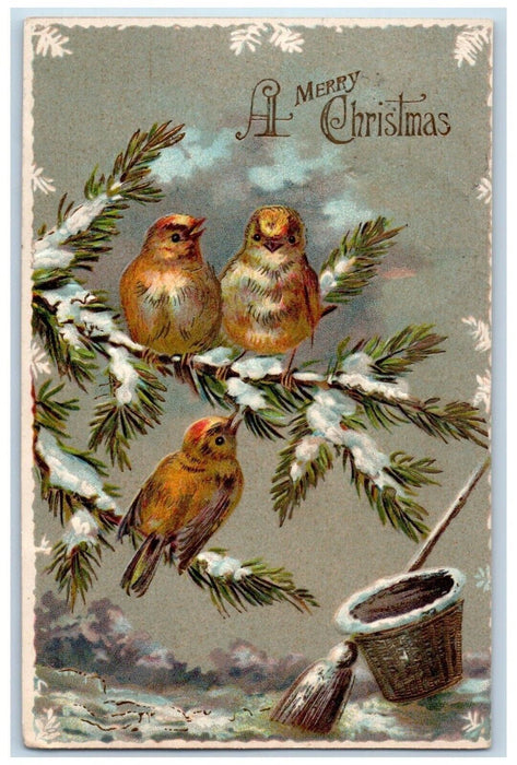 1907 Merry Christmas Pine Leaf Song Bird Broom Basket Winter Antique Postcard