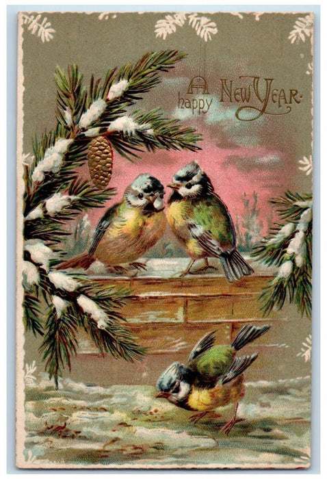 c1910's New Year Pine Cone Birds Winter Snow Embossed Posted Antique Postcard