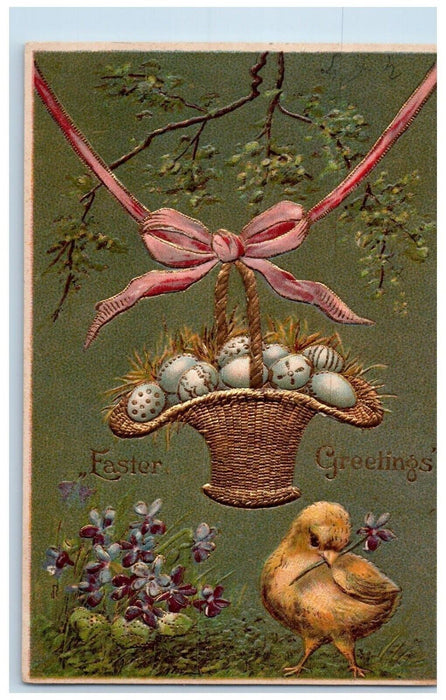 c1910's Easter Greetings Chick Hanging Basket Eggs Pansies Flowers Postcard