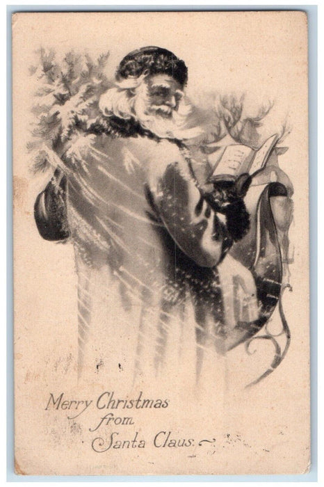 1918 Merry Christmas From Santa Claus Checking List Winter Snow Antique Postcard