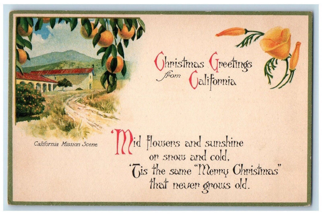 Christmas Greetings From California Mission Scene Orange Flowers Postcard