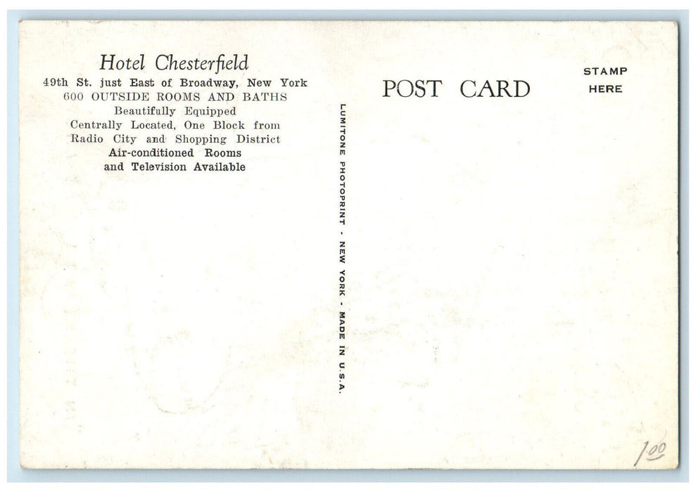 c1950's Hotel Chesterfield New York City NY Vintage Unposted Postcard