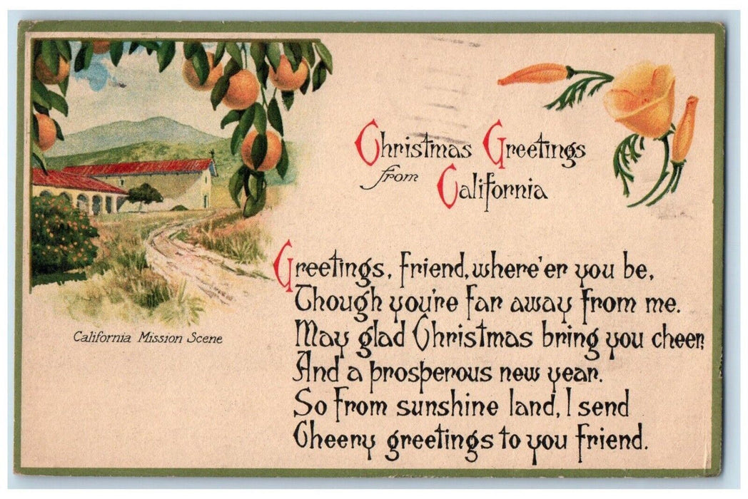 1921 Christmas Greetings From California Mission Scene Los Angeles CA Postcard