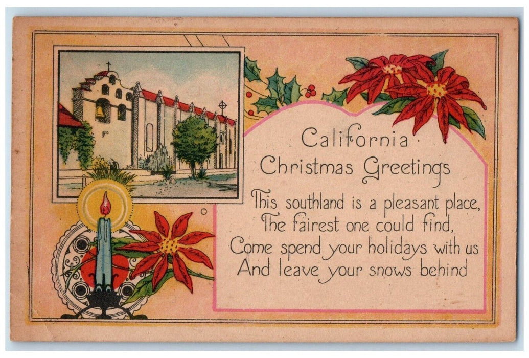 1933 Christmas Greetings Poinsettia Candle Church San Gabriel CA Posted Postcard