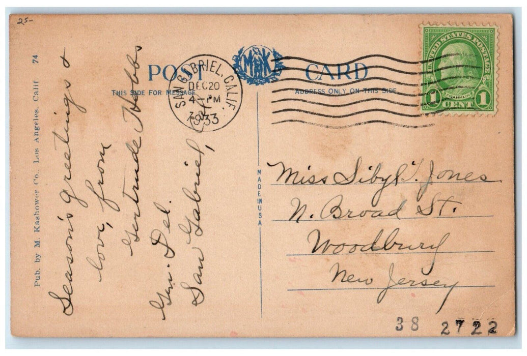 1933 Christmas Greetings Poinsettia Candle Church San Gabriel CA Posted Postcard