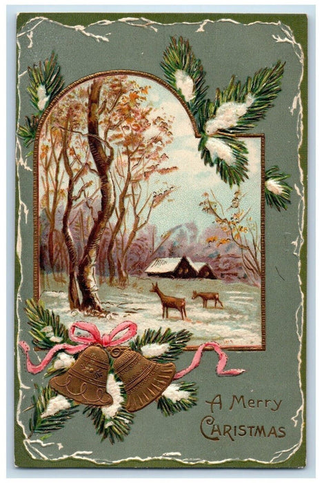 c1910's Merry Christmas Deer Bells Pine Leaf Winter Embossed Antique Postcard