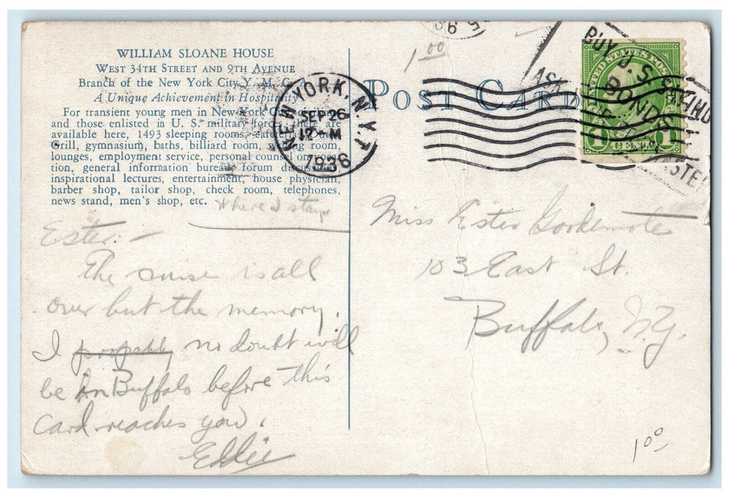 1936 William Sloane House YMCA New York City NY Vintage Posted Postcard