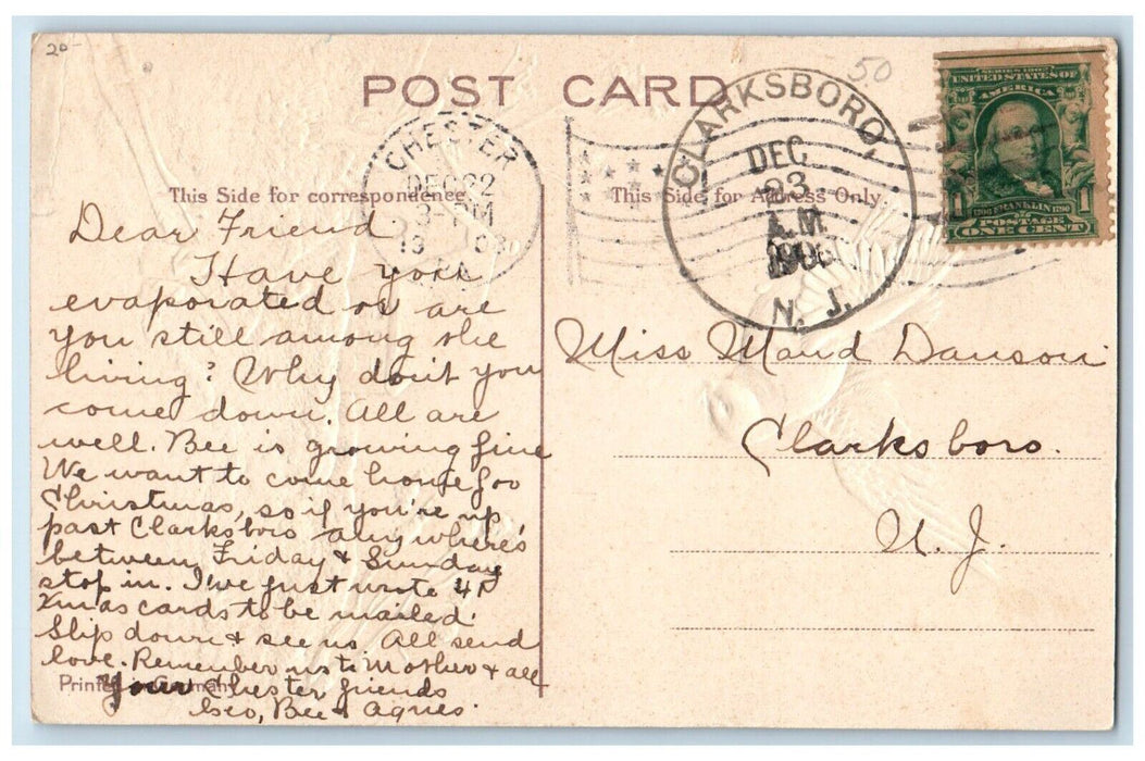 1908 Christmas Dove December 25 Embossed Clarksboro New Jersey NJ Postcard