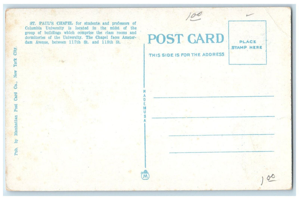 c1930's St. Paul's Chapel Columbia University New York NY Vintage Postcard