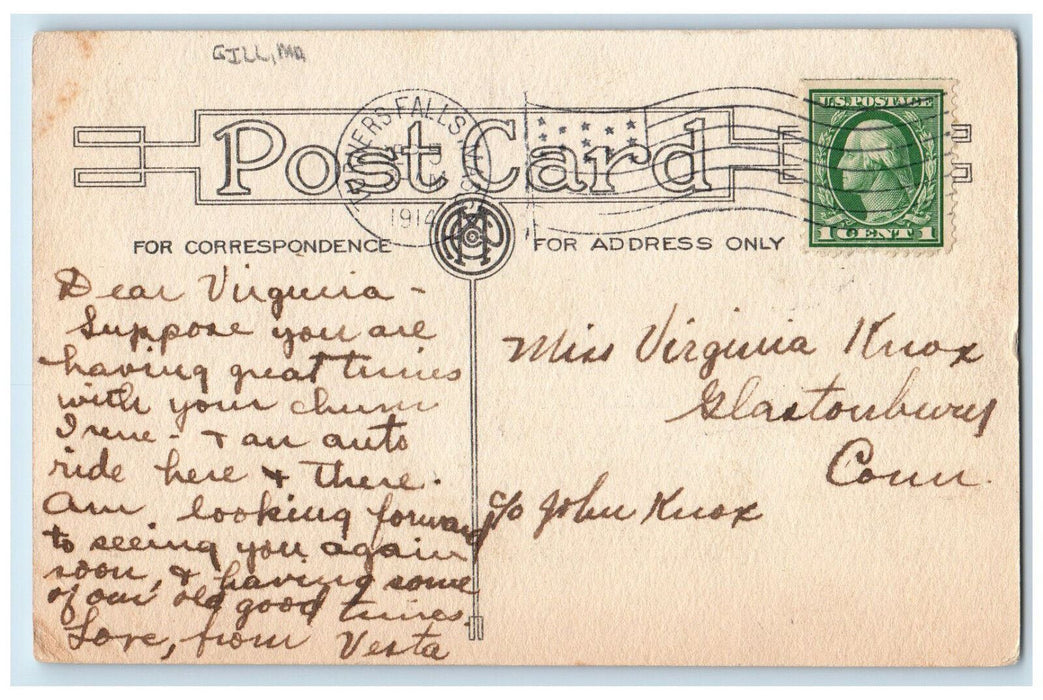 1914 Red Car Gill Blue Pennant Massachusetts MA Message Antique Postcard