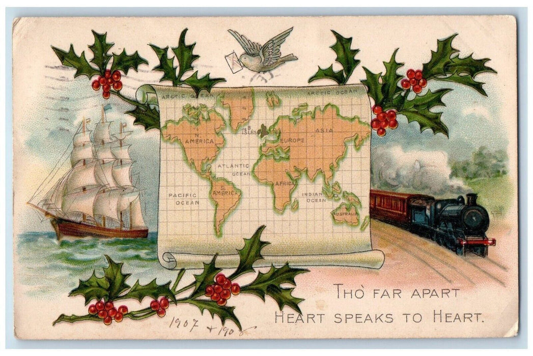 1908 Christmas Schooner Boat Berries Train Map Dove Dansville NY Postcard