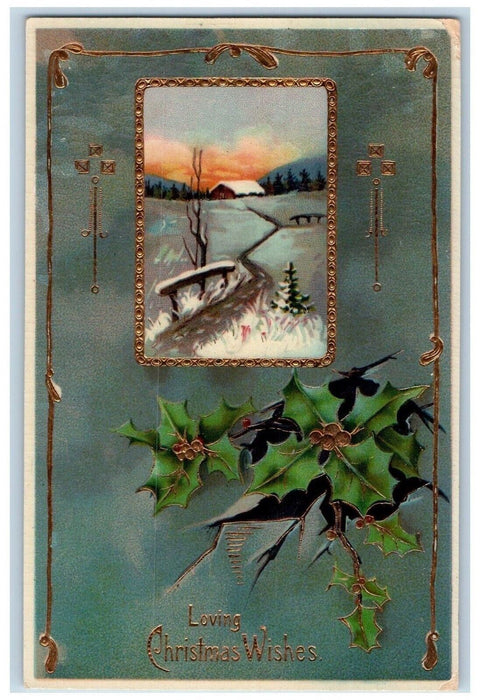c1910's Christmas Wishes Winter House Berries Gel Gold Gilt Antique Postcard